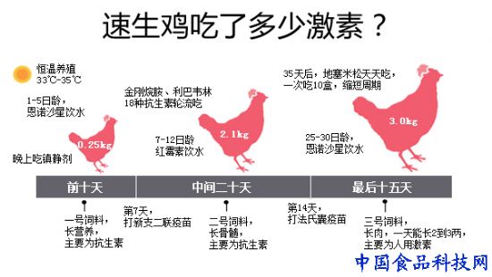 通常,现在吃的鸡大多是 45-90天的速成鸡 完全靠人工饲料和激素催长
